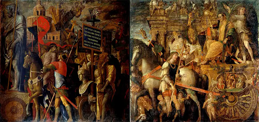 Los portaestandartes y Julio César, segunda y novena pinturas de la serie Los triunfos de César, de Andrea Mantegna, 1484-1492. Fuente: Colección Real del Palacio de Hampton Court.