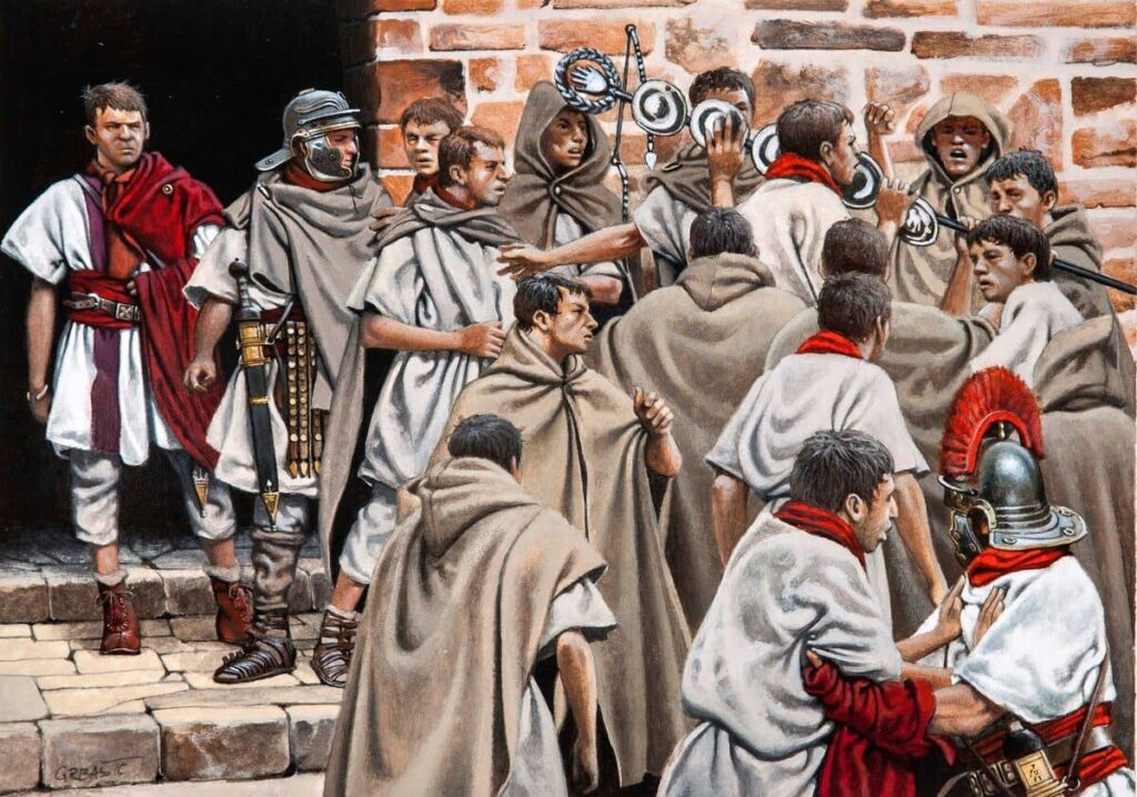Discusión y motín entre legionarios romanos durante una revuelta militar en el Imperio romano