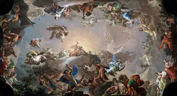 Olimpo. «La batalla de los gigantes», de Francisco Baye y Subías, 1764. Fuente: Museo del Prado.