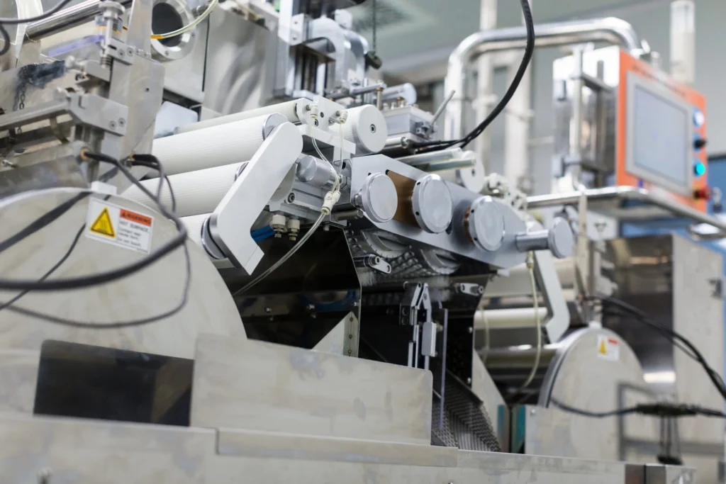 Maquinaria industrial automatizada con rodillos y sistema de control en una línea de producción en entorno de fábrica