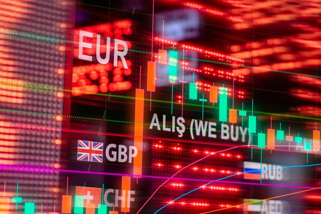 Pantalla de trading financiero con gráficos de velas rojas y verdes, mostrando la cotización del euro (EUR) frente a otras divisas como libra esterlina (GBP) y rublo, con datos bursátiles en tiempo real.