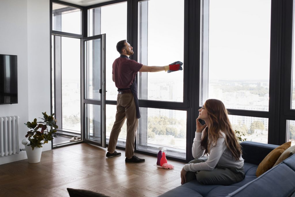 Hombre limpiando los ventanales de un piso con vistas a la ciudad mientras una mujer habla por teléfono sentada en el sofá del salón.