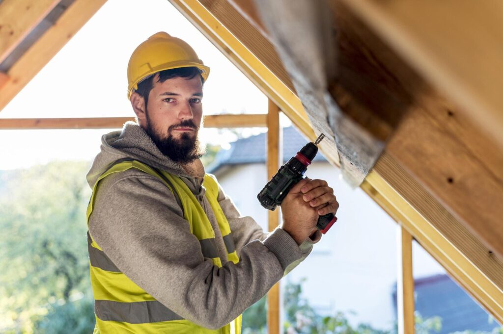 Trabajador con casco y chaleco de seguridad utilizando un taladro durante la reparación de una cubierta de madera.