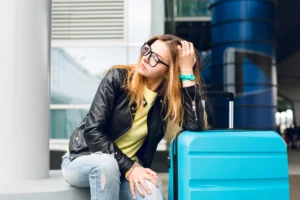 Joven viajera con gafas y chaqueta de cuero sentada junto a una maleta azul en la entrada de un aeropuerto o estación.