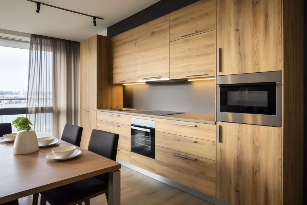 Cocina moderna con muebles de madera clara, horno y microondas integrados, iluminación bajo los armarios y mesa de comedor junto a una gran ventana.