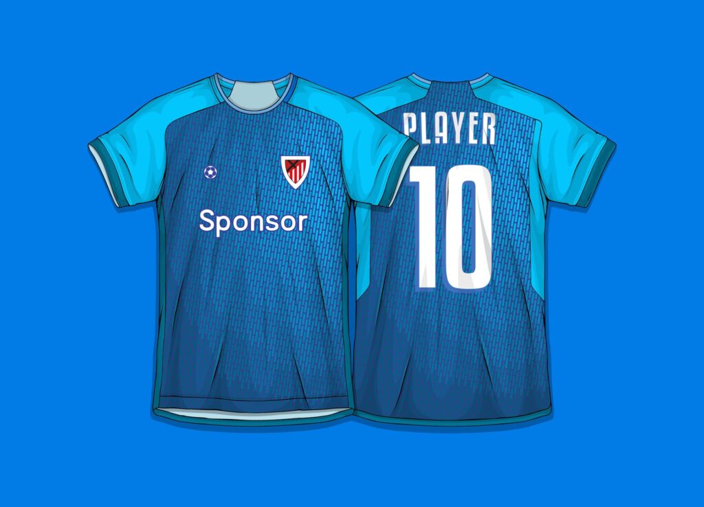 Camiseta deportiva de fútbol en color azul con diseño moderno, vista frontal y trasera, con número 10 y nombre “Player” en la espalda.