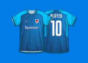 Camiseta deportiva de fútbol en color azul con diseño moderno, vista frontal y trasera, con número 10 y nombre “Player” en la espalda.