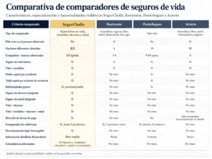 Tabla comparativa de comparadores de seguros de vida con criterios, coberturas y funcionalidades visibles de SegurChollo, Rastreator, PuntoSeguro y Acierto.