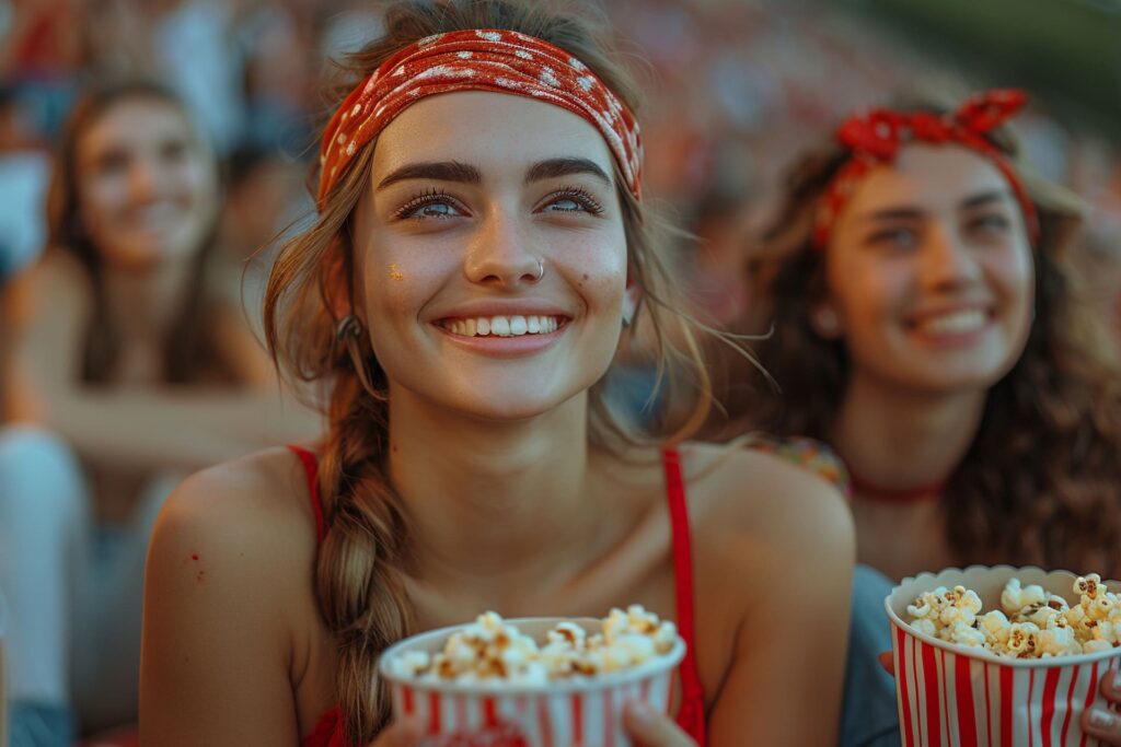 Jóvenes disfrutando de una película con palomitas en una sala de cine.