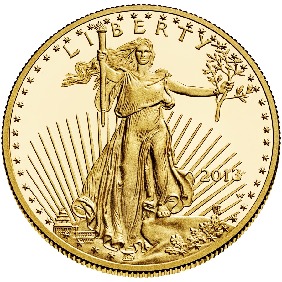 Moneda de oro American Gold Eagle de una onza con la Libertad caminando, antorcha y ramo de olivo, y el Capitolio al fondo.