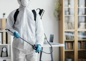 Técnico de control de plagas con equipo de protección aplicando tratamiento en una vivienda