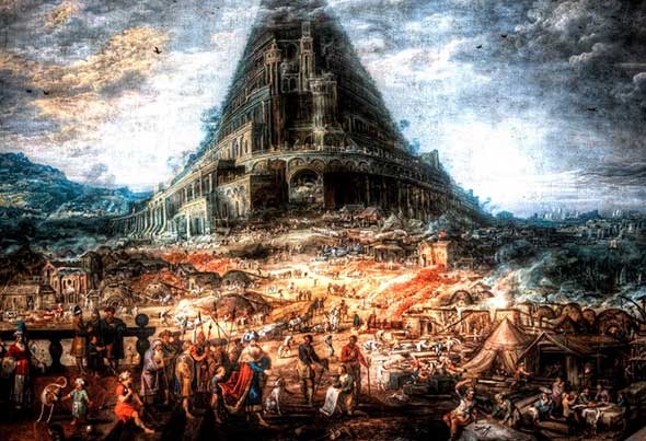 Pintura de la Torre de Babel en construcción, según el relato bíblico.