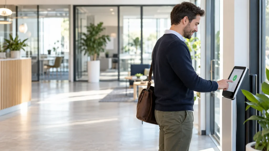 Empleado registra su entrada en un sistema digital de fichaje laboral en una oficina.