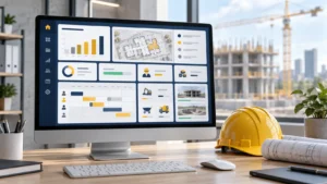 Pantalla de software de gestión para obras con presupuesto, planificación de equipos y control de proyectos de construcción