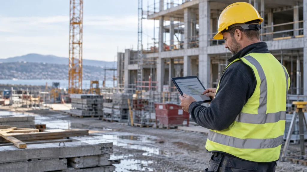 Operario de construcción consulta una tableta con la planificación de una obra.