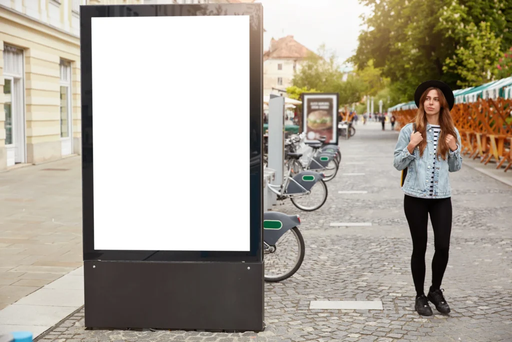 Mujer joven junto a un panel publicitario en blanco en una calle peatonal con bicicletas y terrazas