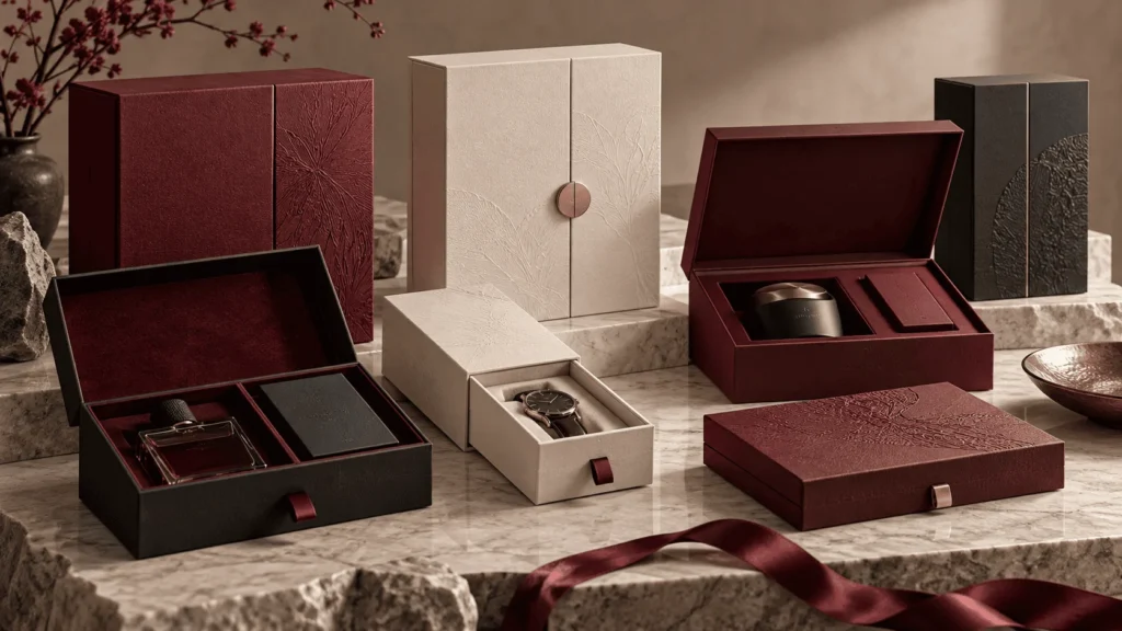 Composición horizontal de packaging premium con varias cajas y estuches personalizados en tonos burdeos, crema y negro, dispuestos sobre una superficie de mármol. Algunas cajas están abiertas y muestran productos de alta gama, como un frasco de perfume, un reloj y un tarro cosmético, con acabados texturizados, detalles dorados y una estética elegante y lujosa.